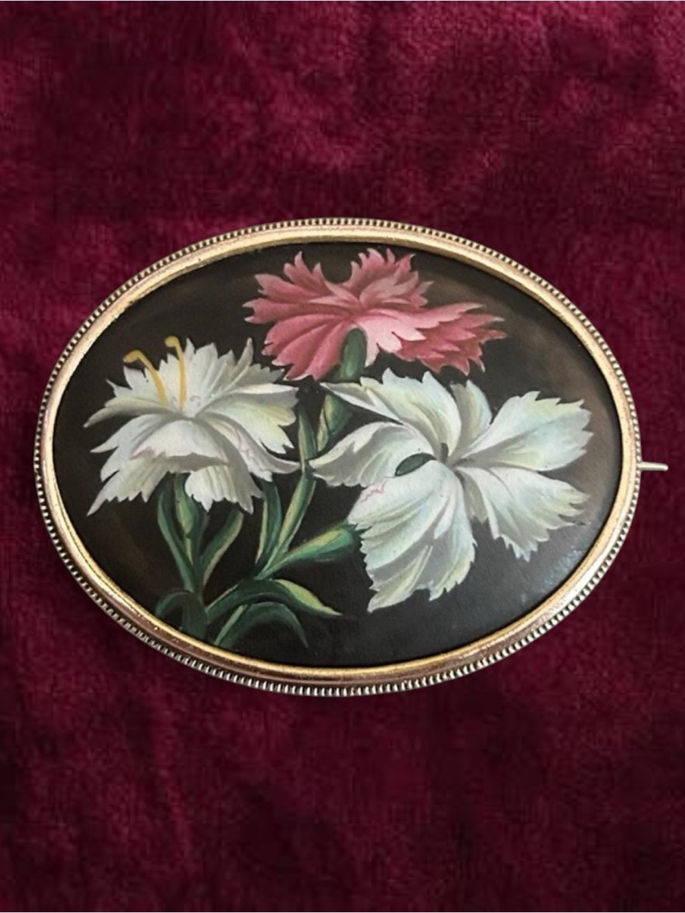 Signed Kollmar & Jourdan Hand Painted Black Ground Botanical Floral Brooch